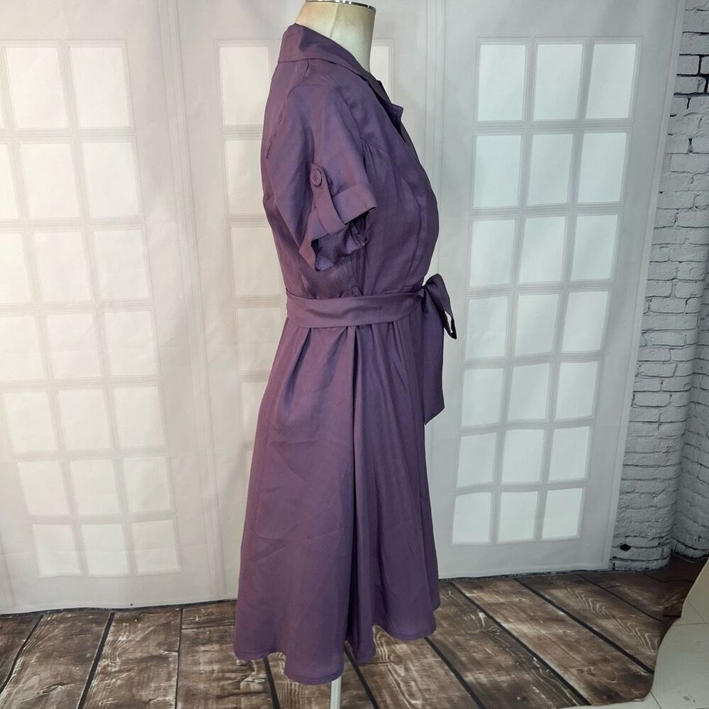Venus Purple Collared Retro Vibe Tie Waist Short Sleeve Shirt Dress Size 8 - Picture 4 of 10